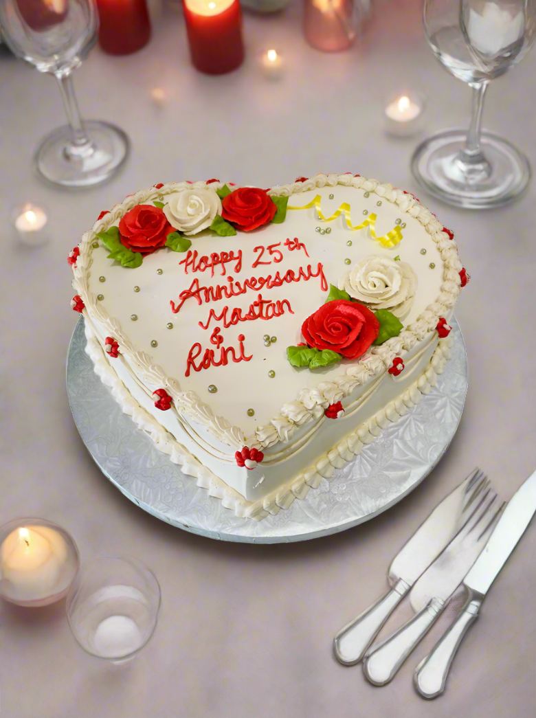 Ivory & Red Flower Anniversary Heart Cake