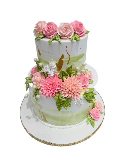 Olive Green & Pink Tiered Cake