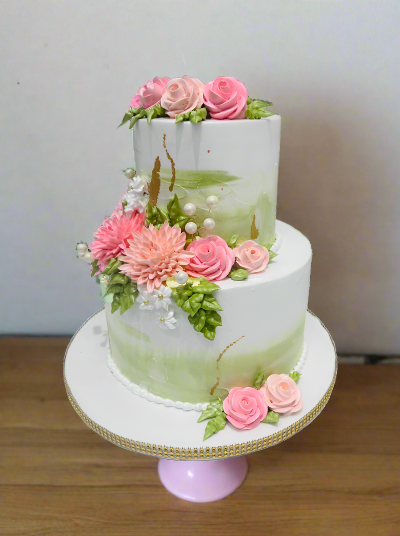Olive Green & Pink Tiered Cake