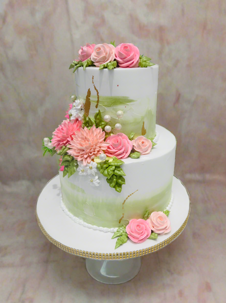 Olive Green & Pink Tiered Cake