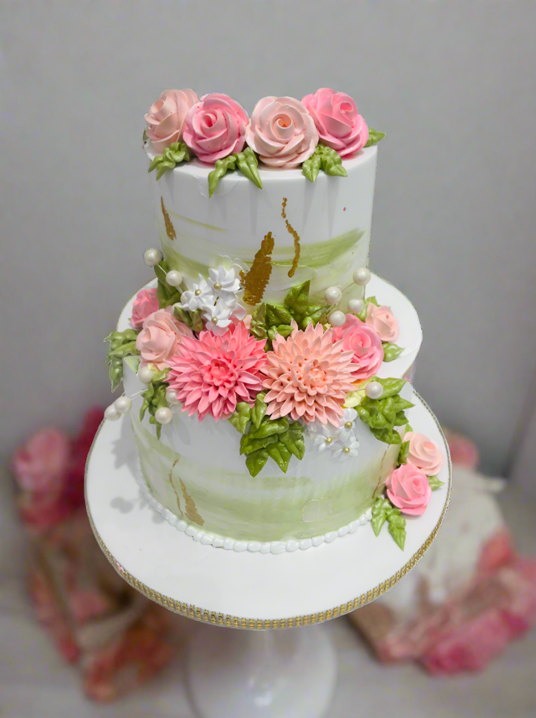 Olive Green & Pink Tiered Cake
