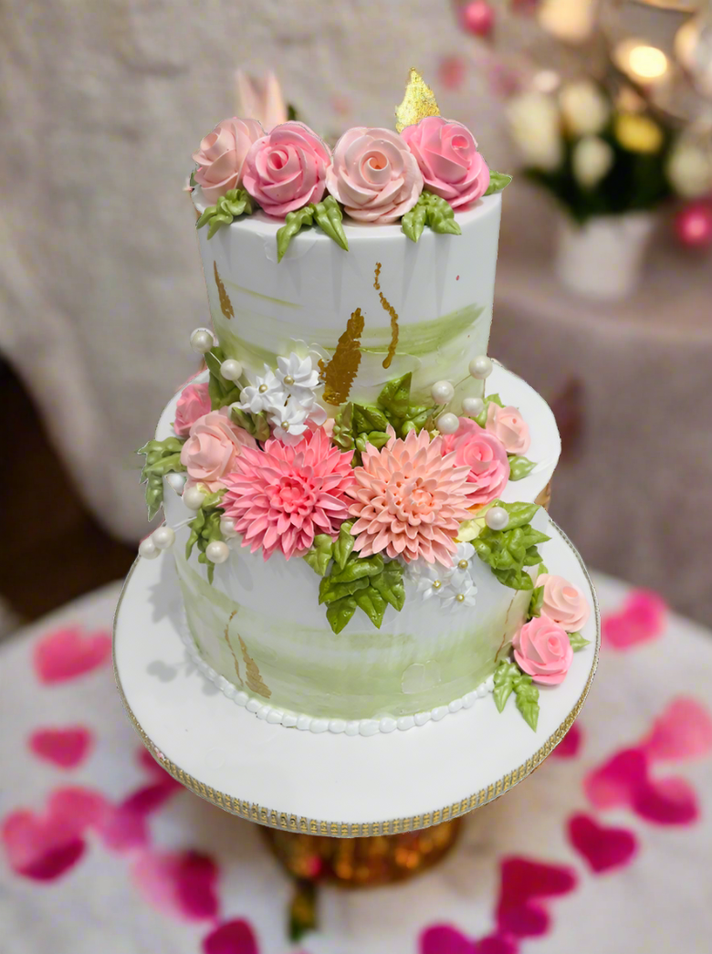 Olive Green & Pink Tiered Cake