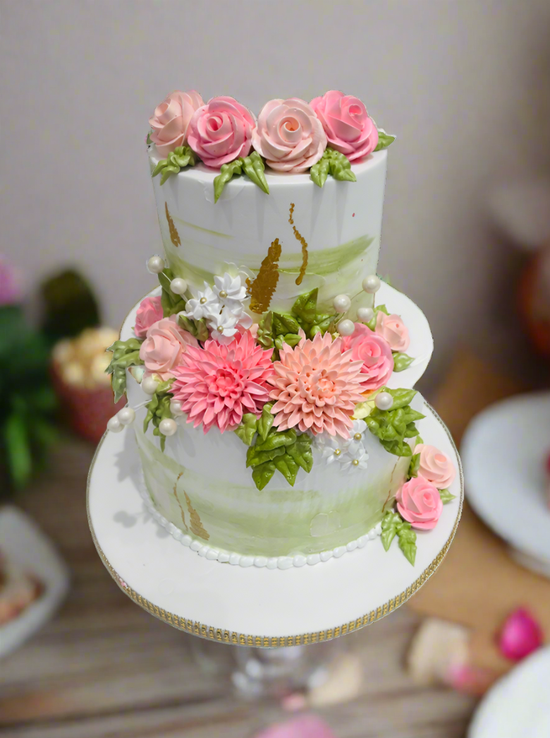 Olive Green & Pink Tiered Cake