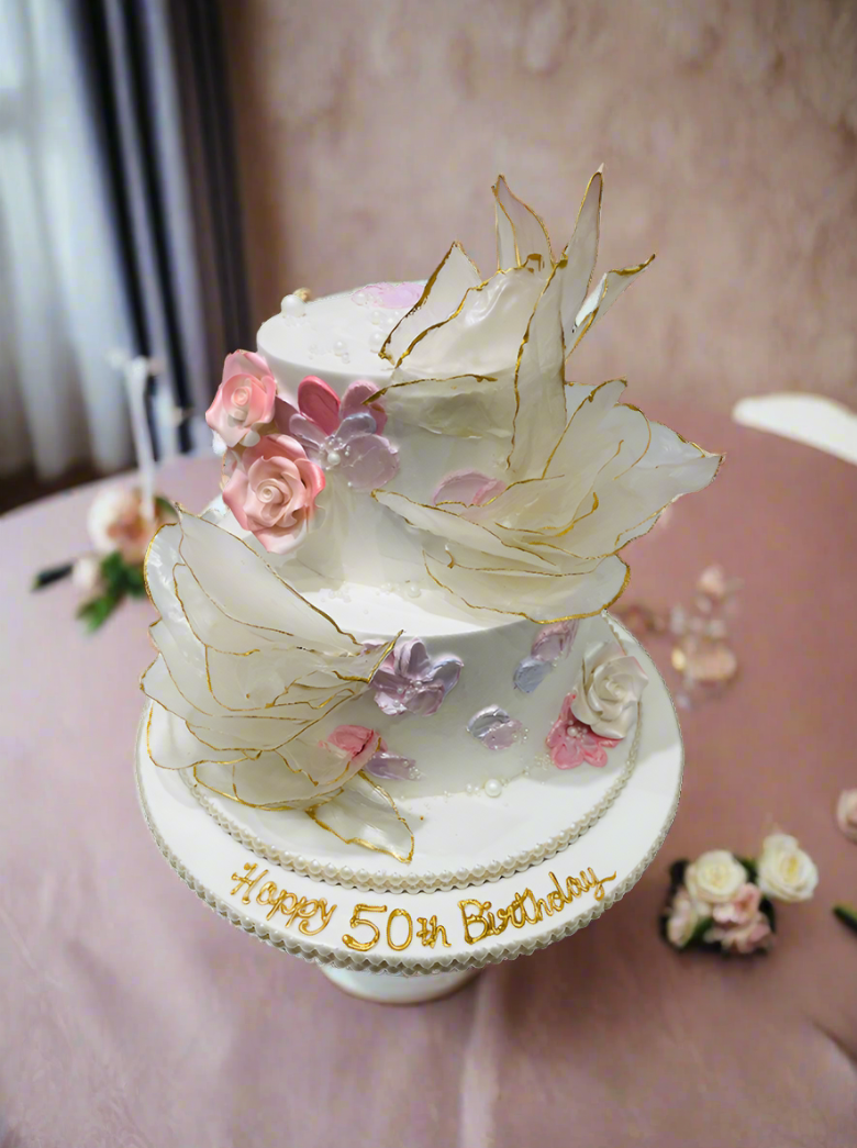 Peachy Pink Ruffle Cream Tiered Cake