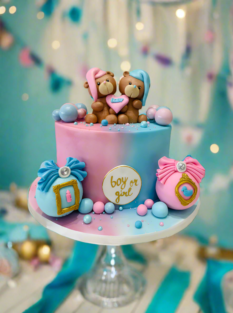 Pink & Blue Teddy Cream Cake