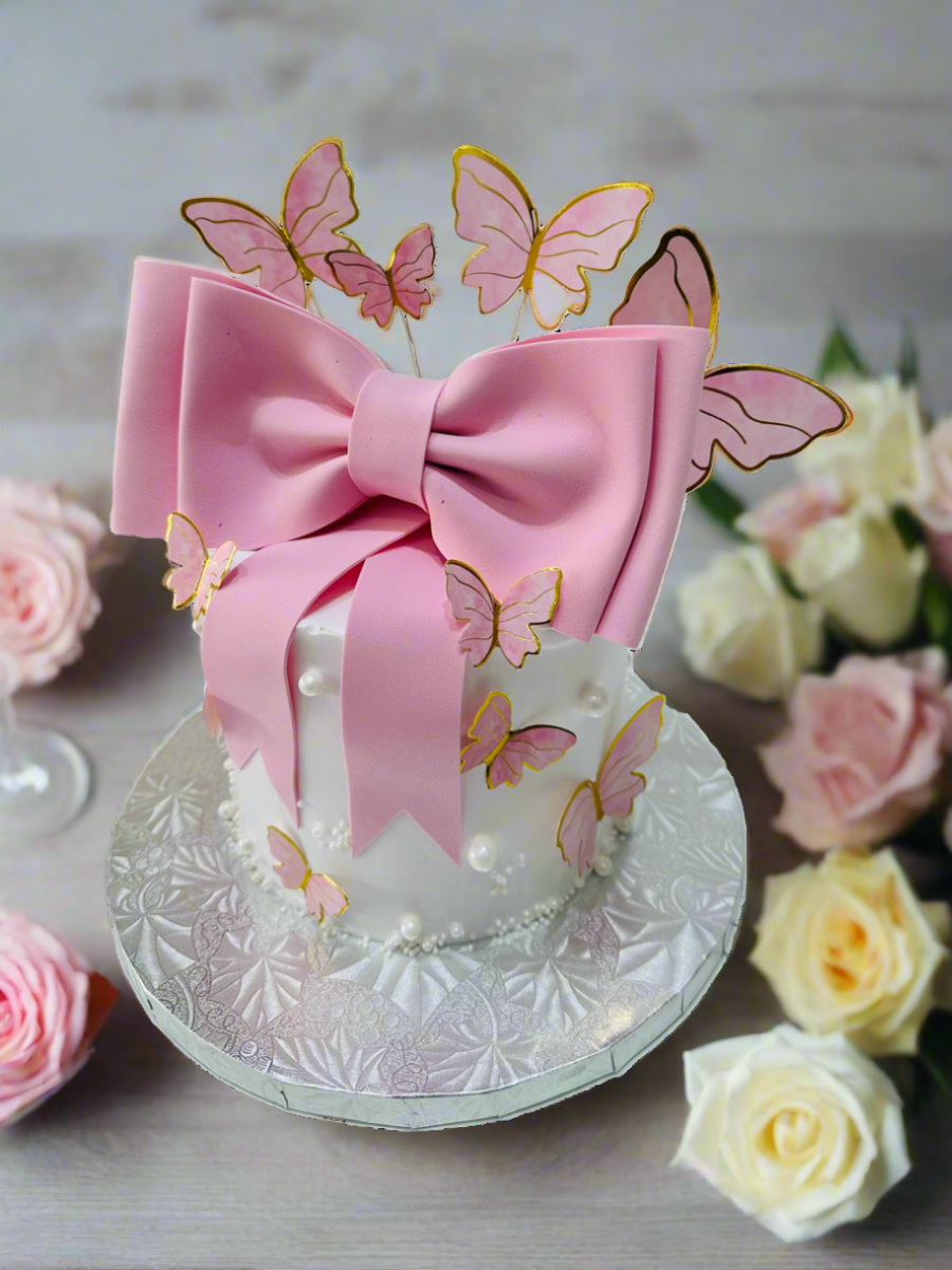 PINK BOW BUTTERFLY CREAM CAKE