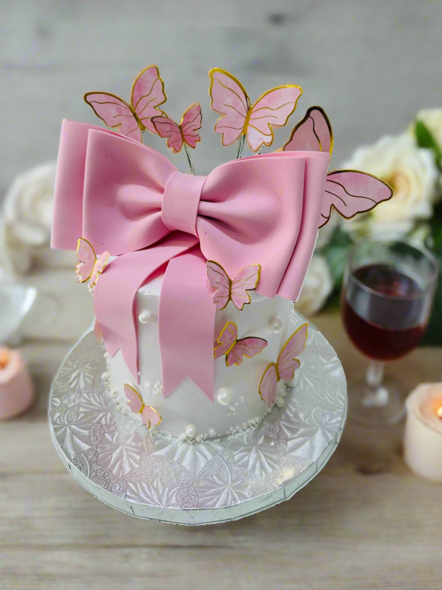 PINK BOW BUTTERFLY CREAM CAKE
