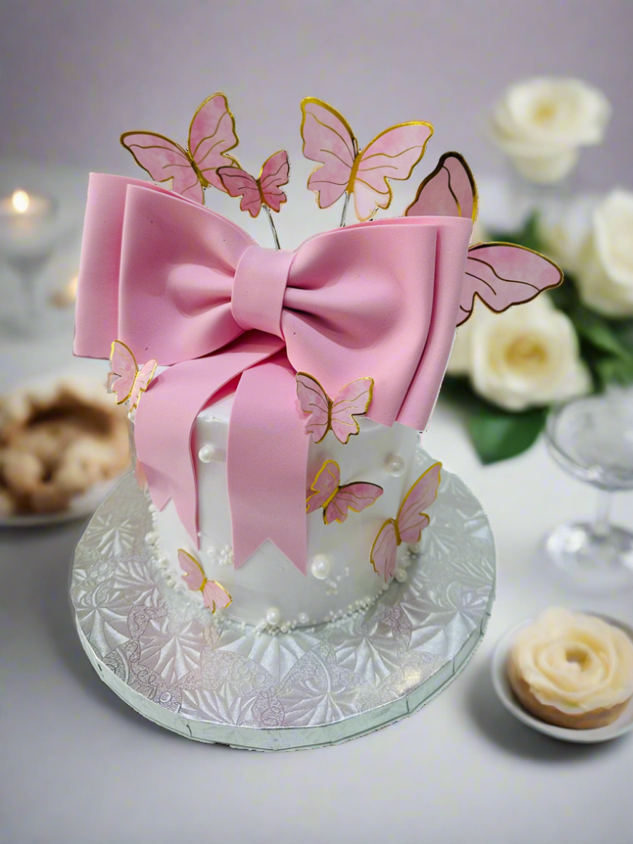 PINK BOW BUTTERFLY CREAM CAKE