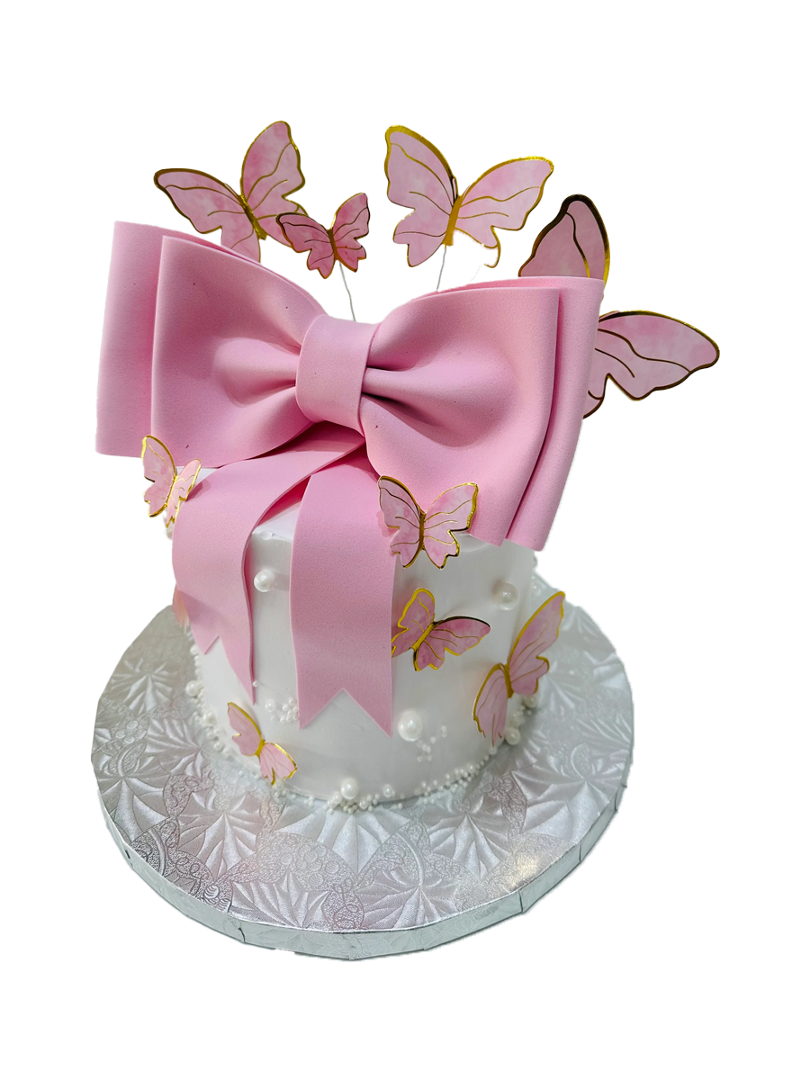 PINK BOW BUTTERFLY CREAM CAKE