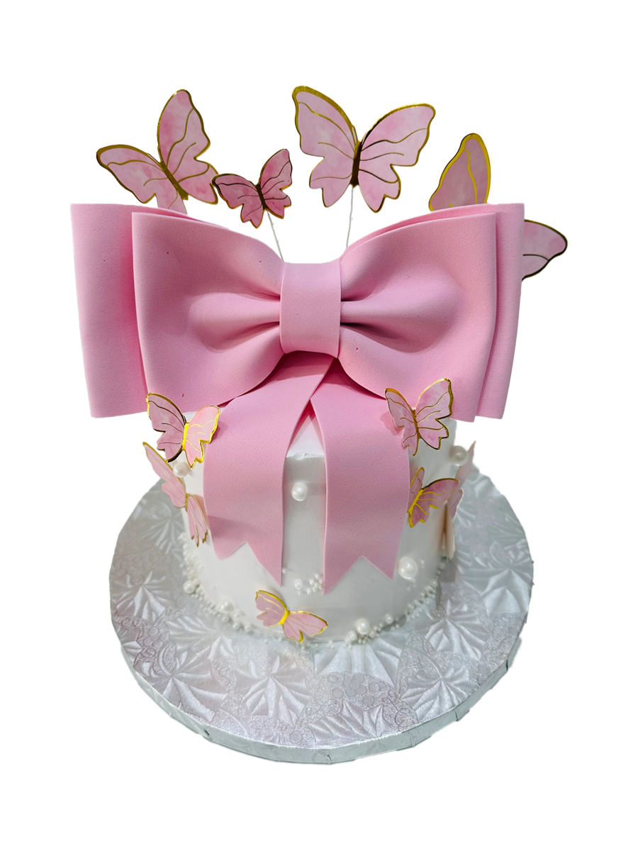 PINK BOW BUTTERFLY CREAM CAKE