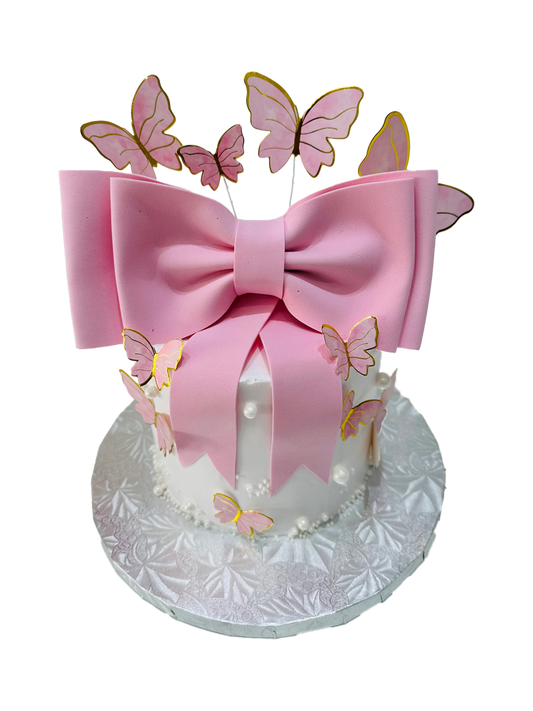 PINK BOW BUTTERFLY CREAM CAKE