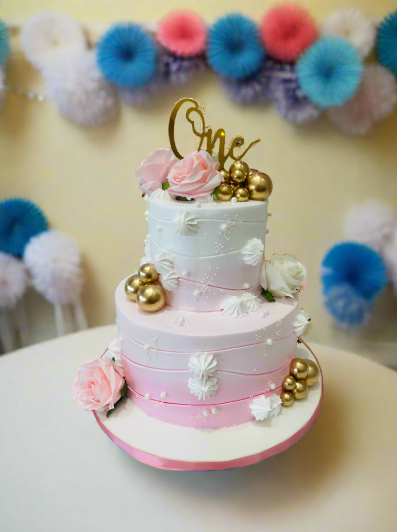 Pink & White First Birthday Cake