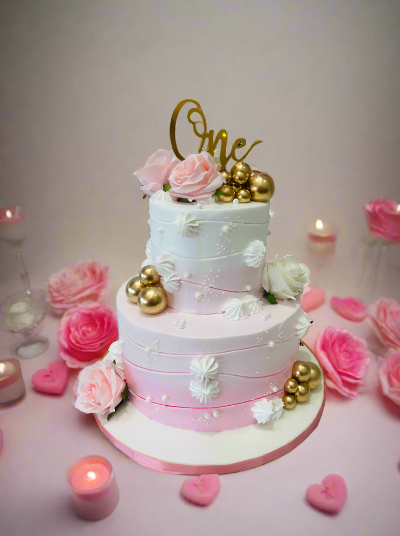 Pink & White First Birthday Cake
