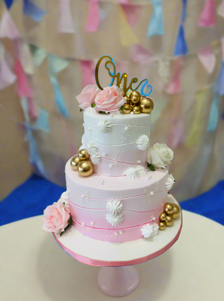 Pink & White First Birthday Cake