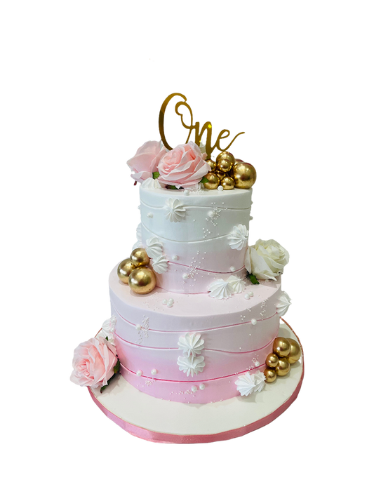 Pink & White First Birthday Cake
