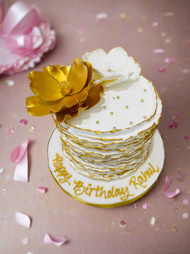 Rahul White & Gold Ruffle Cream Cake