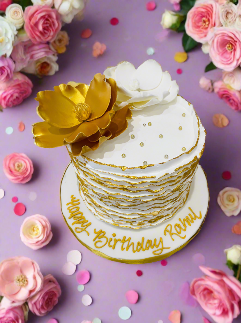 Rahul White & Gold Ruffle Cream Cake