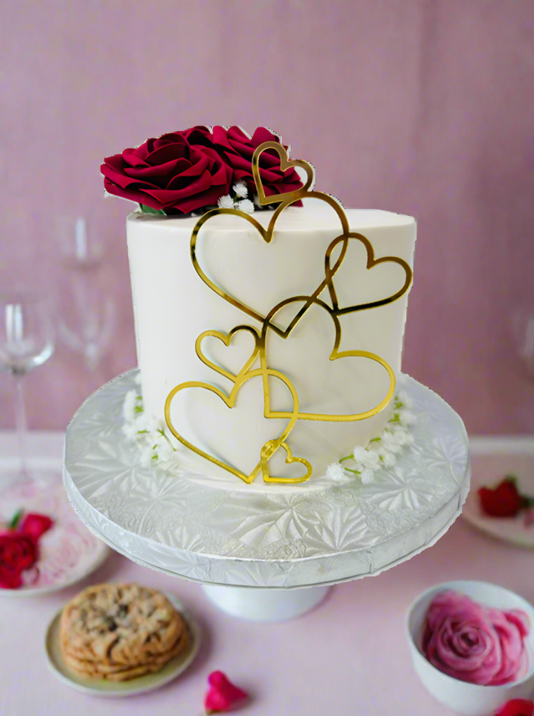 Red Flowers & Golden Hearts Cake