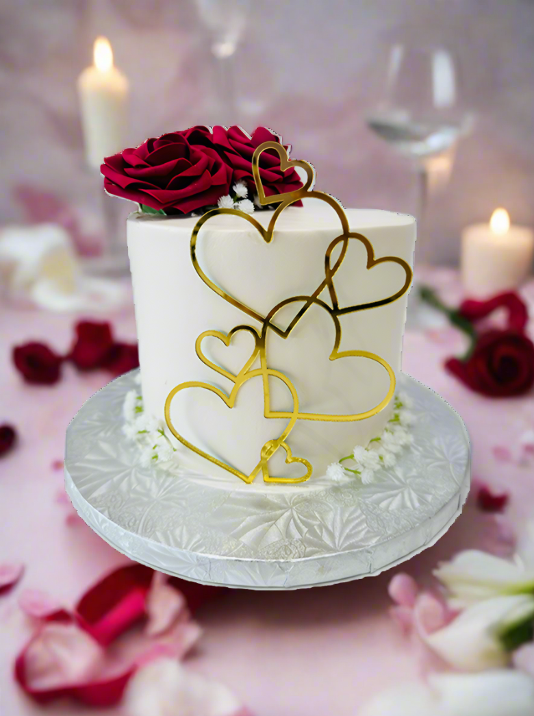 Red Flowers & Golden Hearts Cake