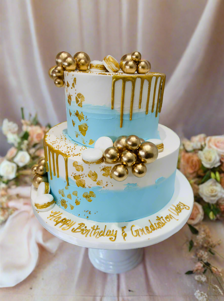 Sky Blue & Gold Cream Tiered Cake