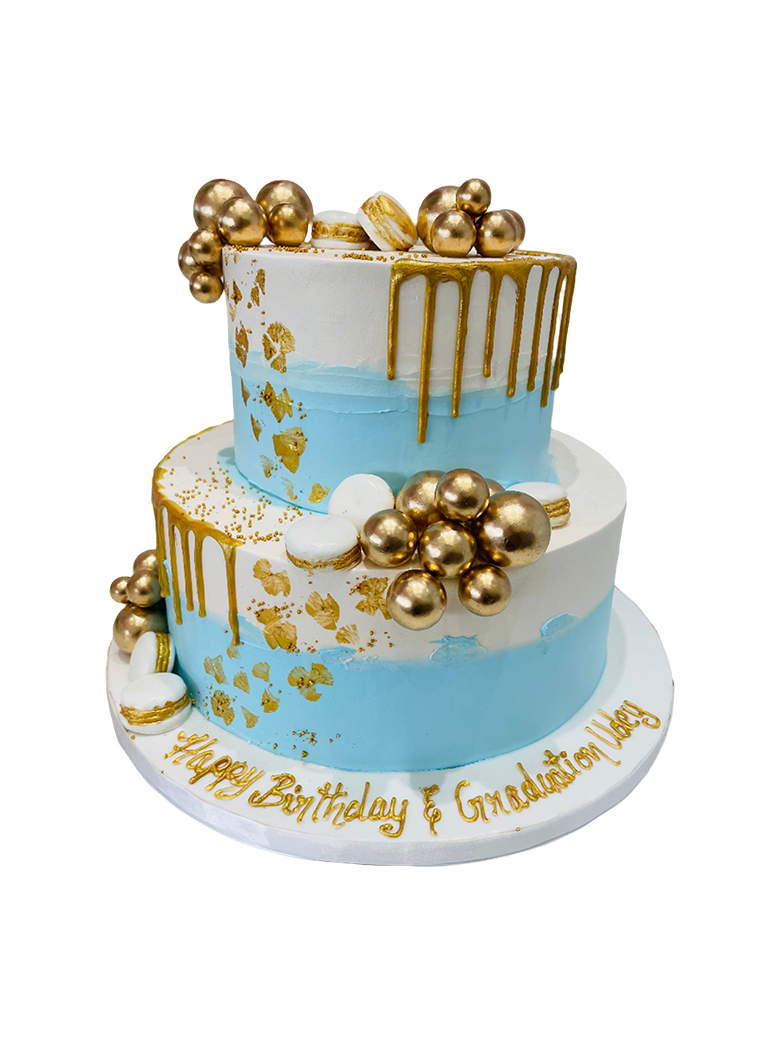 Sky Blue & Gold Cream Tiered Cake