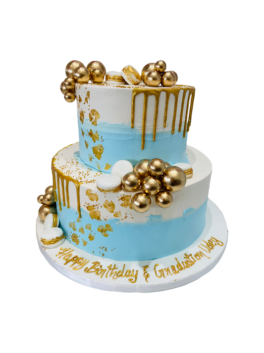 Sky Blue & Gold Cream Tiered Cake