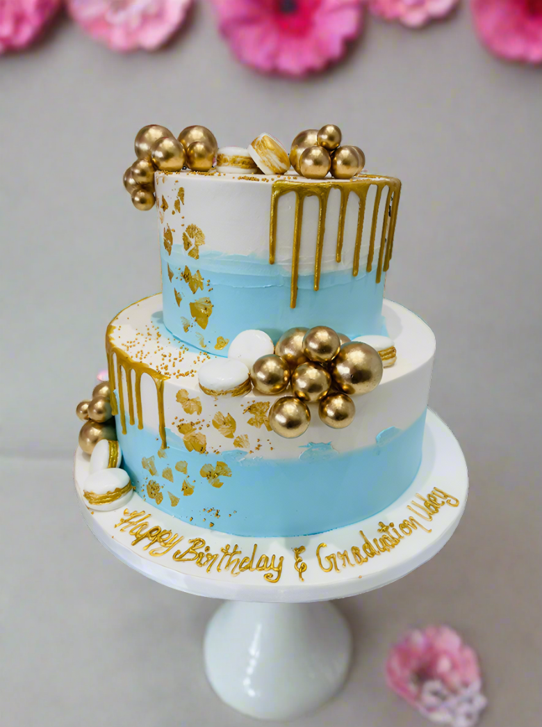 Sky Blue & Gold Cream Tiered Cake