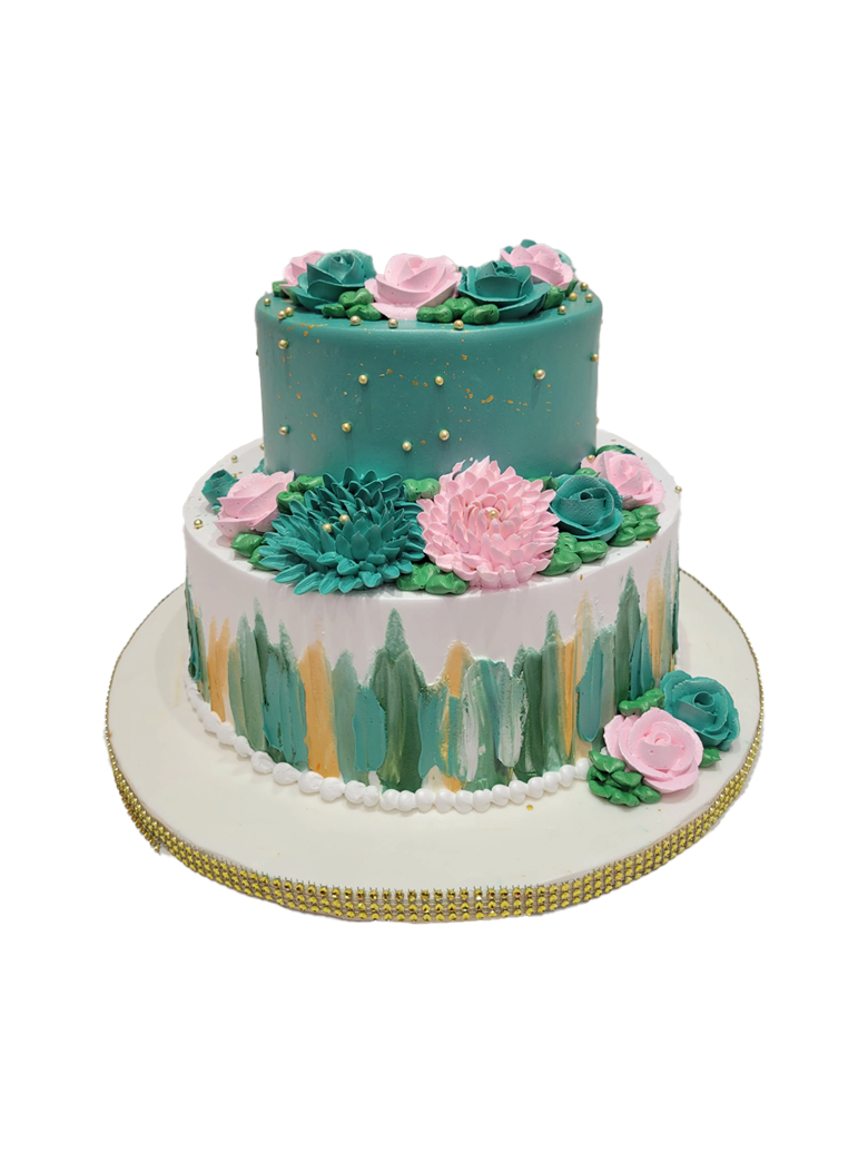 Teal And Pink Tiered Cream Cake