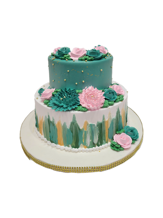 Teal And Pink Tiered Cream Cake