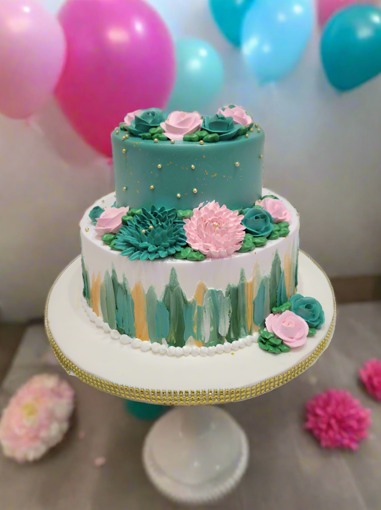 Teal And Pink Tiered Cream Cake
