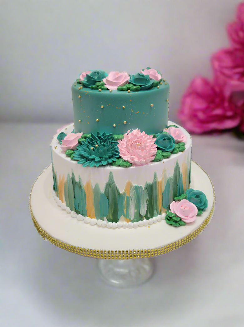 Teal And Pink Tiered Cream Cake