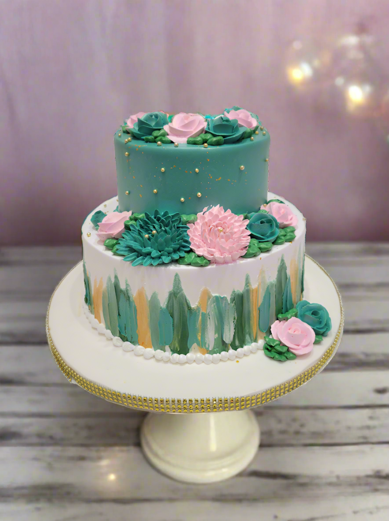 Teal And Pink Tiered Cream Cake