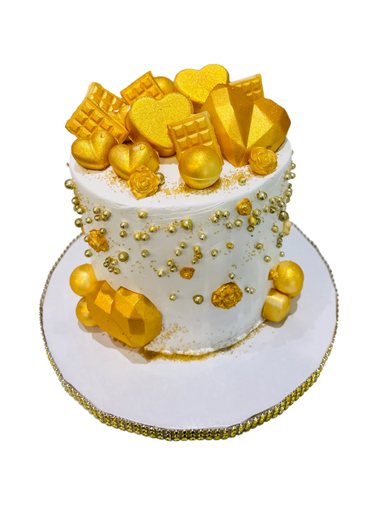 White And Gold Hearts Birthday Cake