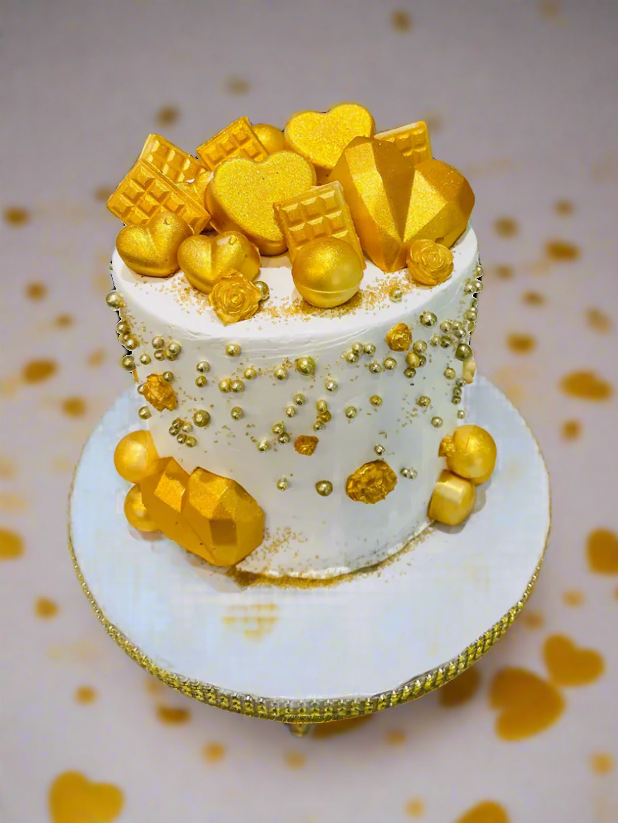 White And Gold Hearts Birthday Cake