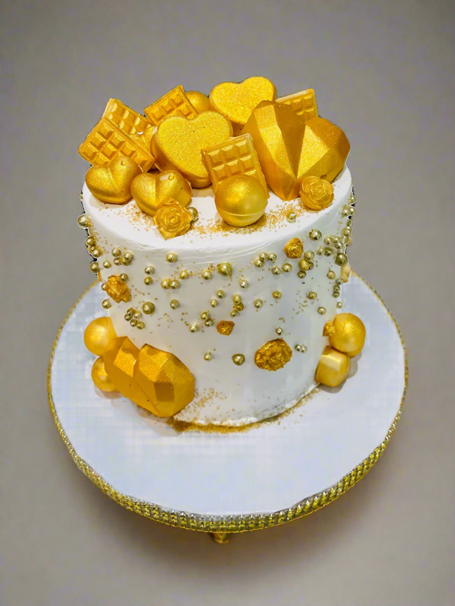 White And Gold Hearts Birthday Cake
