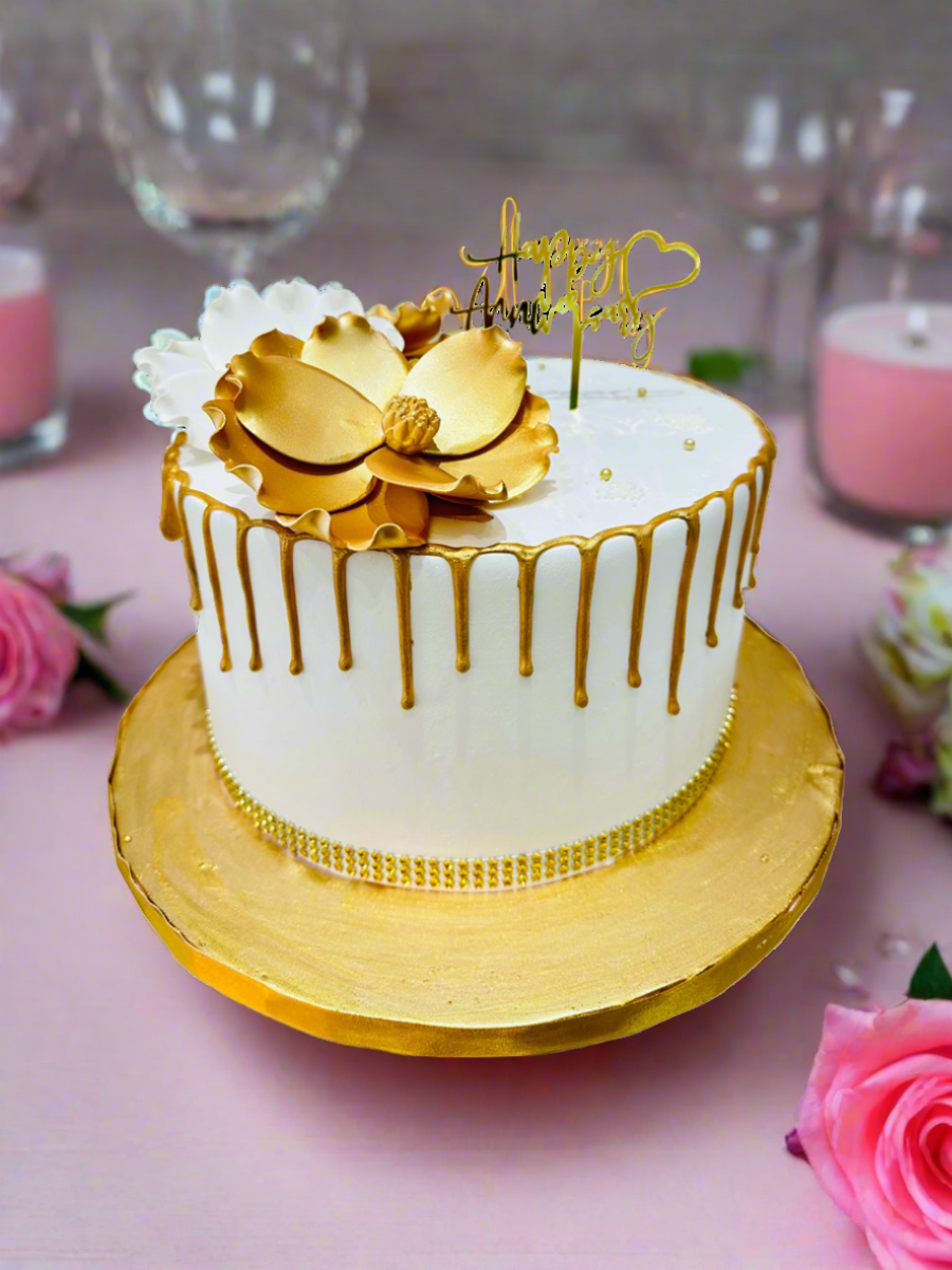 WHITE & GOLD ANNIVERSARY FLORAL CAKE