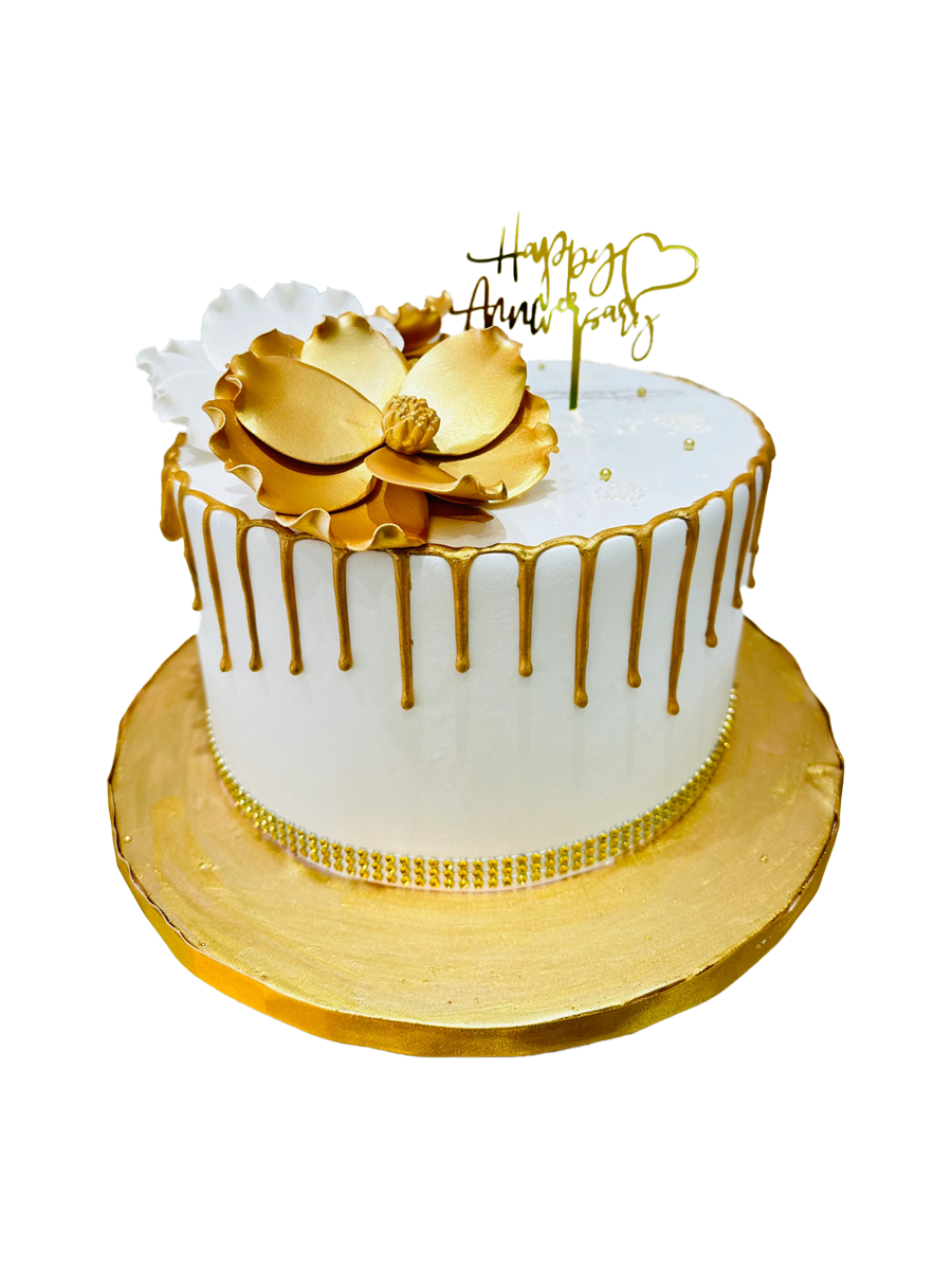 WHITE & GOLD ANNIVERSARY FLORAL CAKE