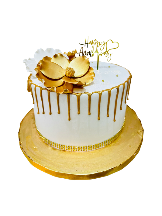 WHITE & GOLD ANNIVERSARY FLORAL CAKE