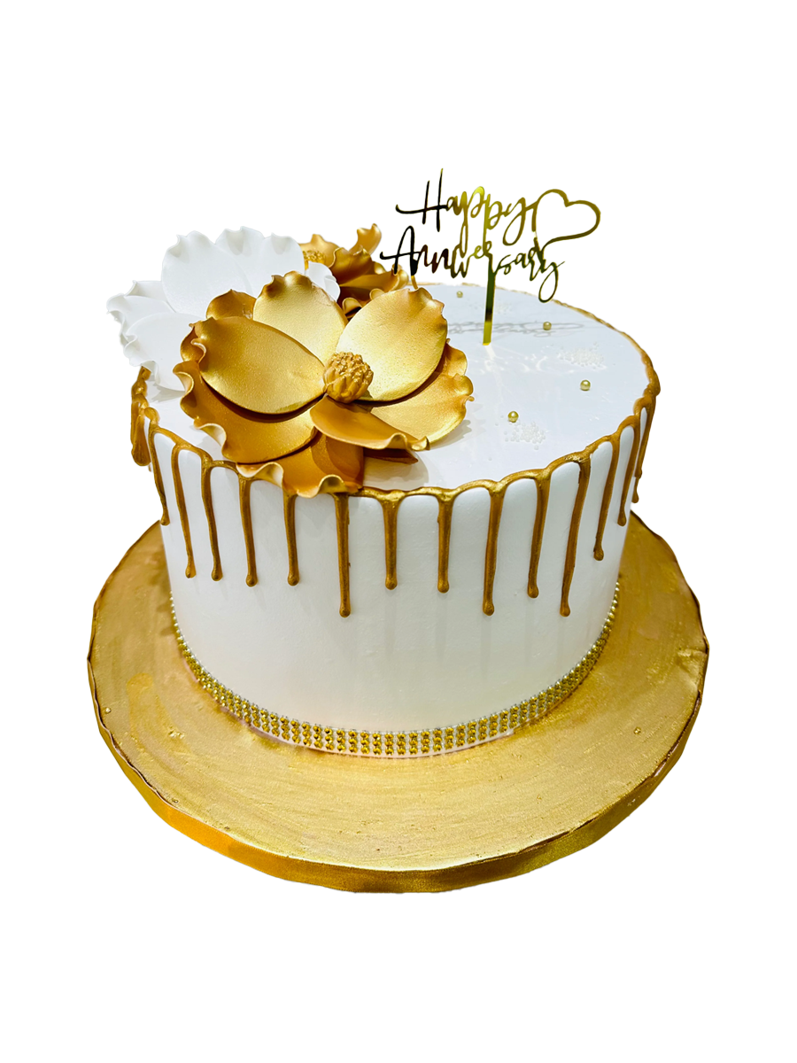 WHITE & GOLD ANNIVERSARY FLORAL CAKE
